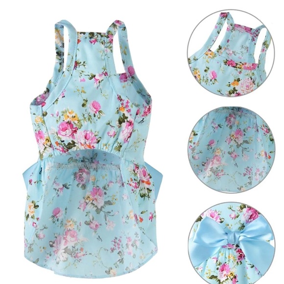 Blue Floral Halter Ribbon Bow Dog Pet Party Fancy Dress Size Large - Picture 2 of 8